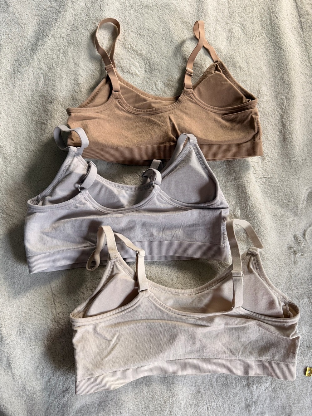 Anne Klein Neutral Ribbed Seamless Bralette Trio - Beige, Taupe, Light Nude - Picture 3 of 5
